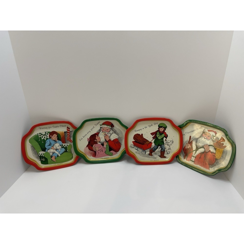VTG J.S.N.Y Set Of 4 Christmas Enameled‎ Metal Tin Cookie Snack Trays No. 5624